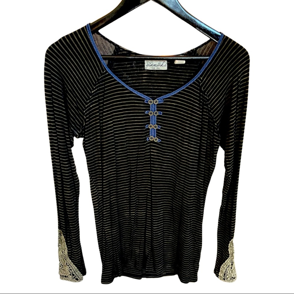 Long sleeve, black, tan, and blue shirt. Decorative sleeves, soft cotton shirt.